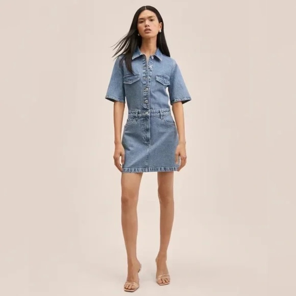 NEW MNG Mango Short Sleeve Cotton 5-Pocket Collared Mini Denim Shirt Dress Sz 18 - Picture 2 of 14